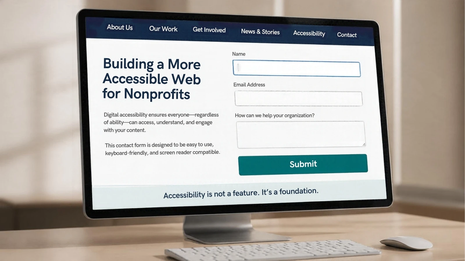 Accessible nonprofit website interface showing high-contrast navigation, clearly labeled form fields, and visible keyboard focus indicators.